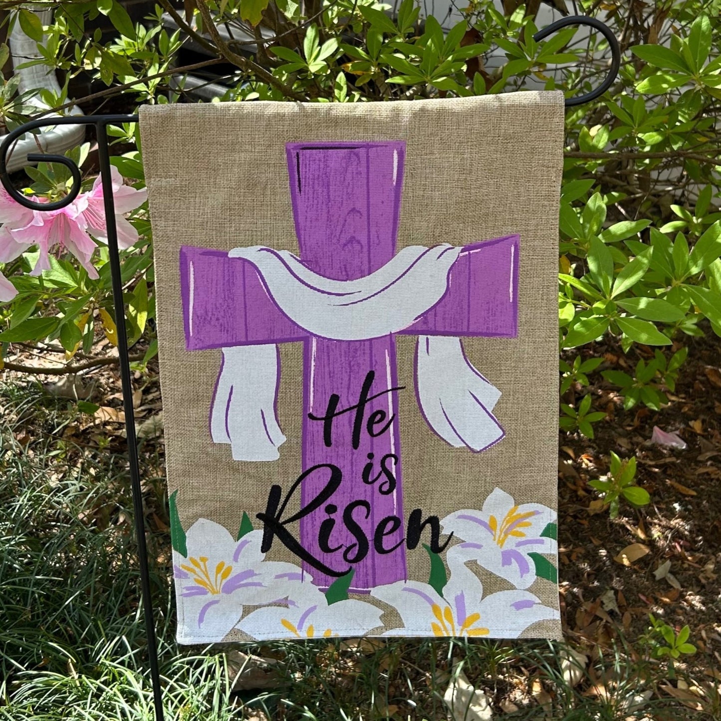 He's Risen Easter Burlap 2-Sided Garden Flag 12.5x18"