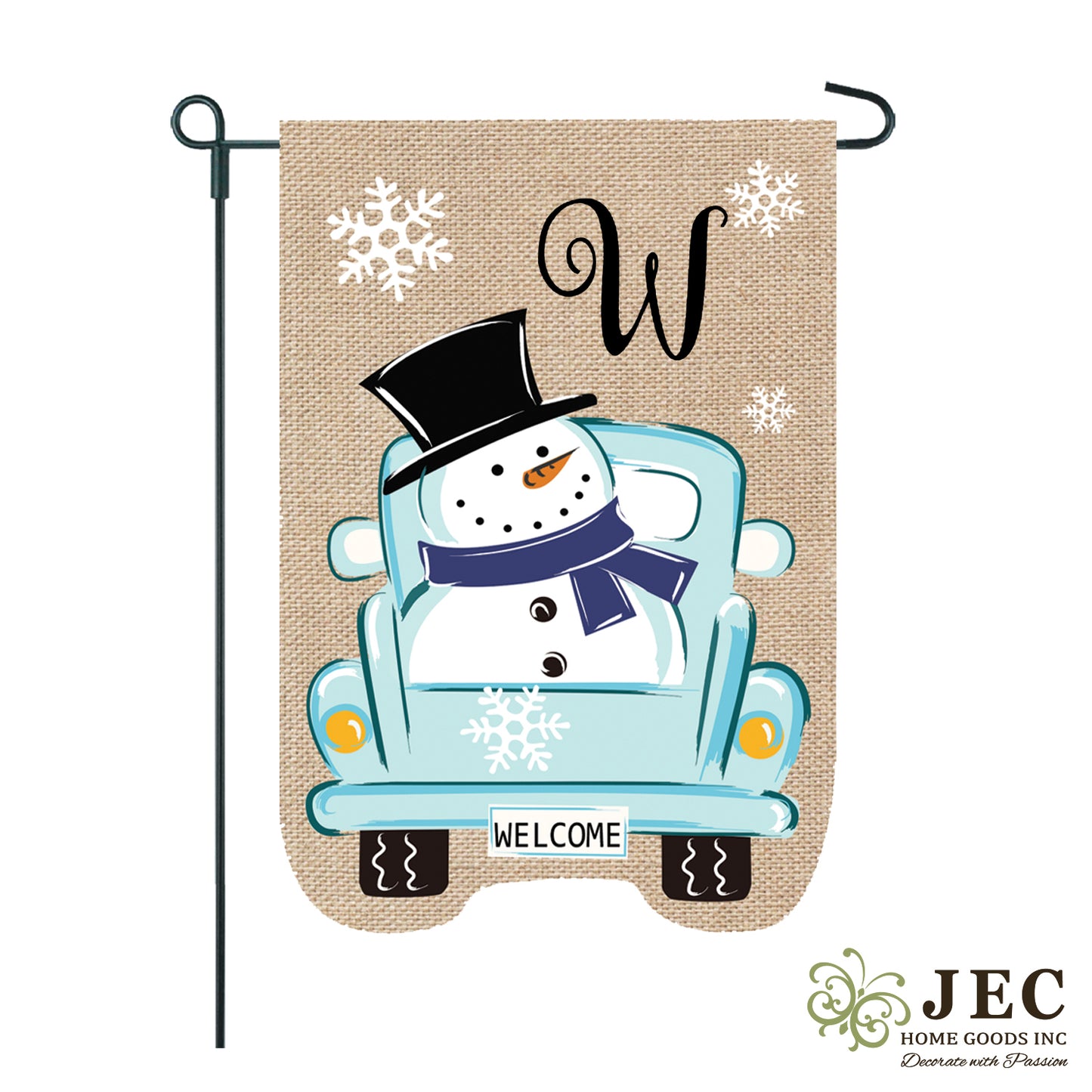 Christmas Winter Snowman Truck Monogram Burlap 2-Sided Garden Flag 12.5x18"
