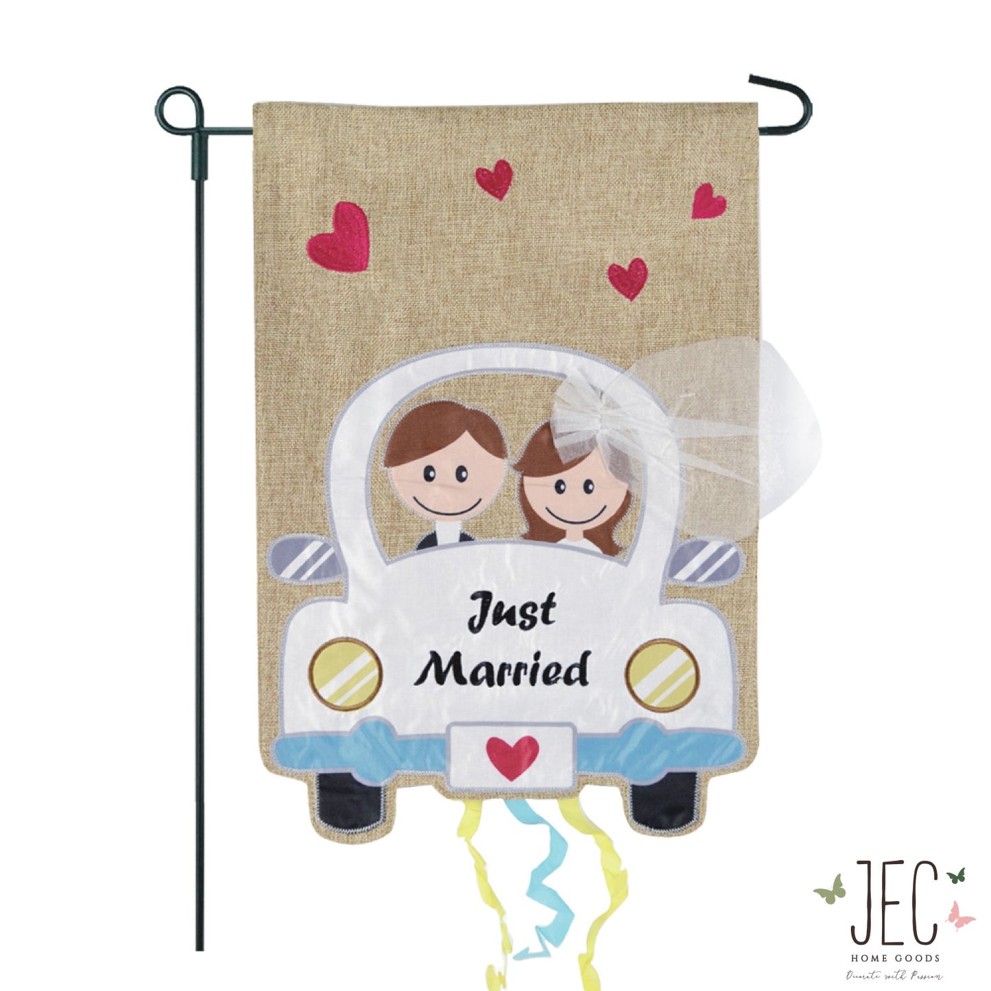 Just Married Car Burlap 2-Sided Garden Flag 12.5x18"