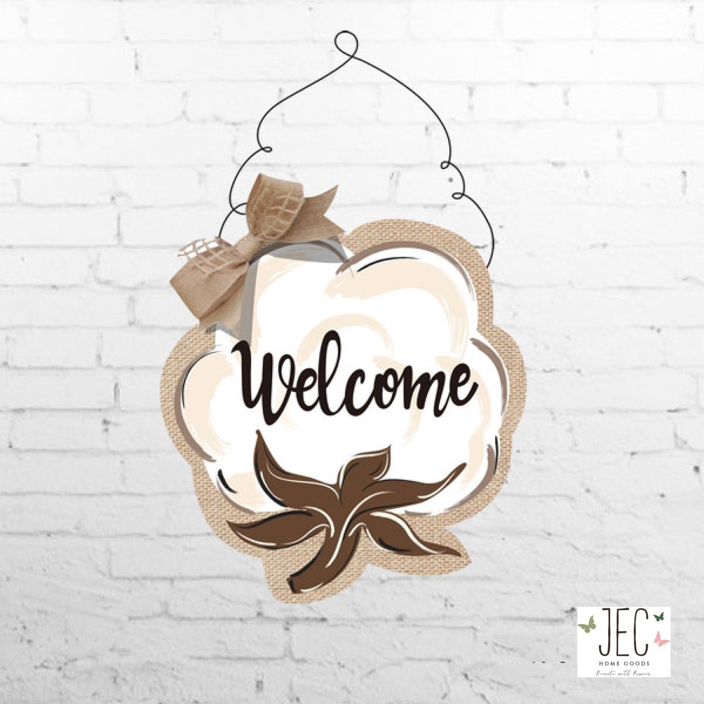 Cotton Boll Welcome Burlap Wall Décor 17.5"x16"