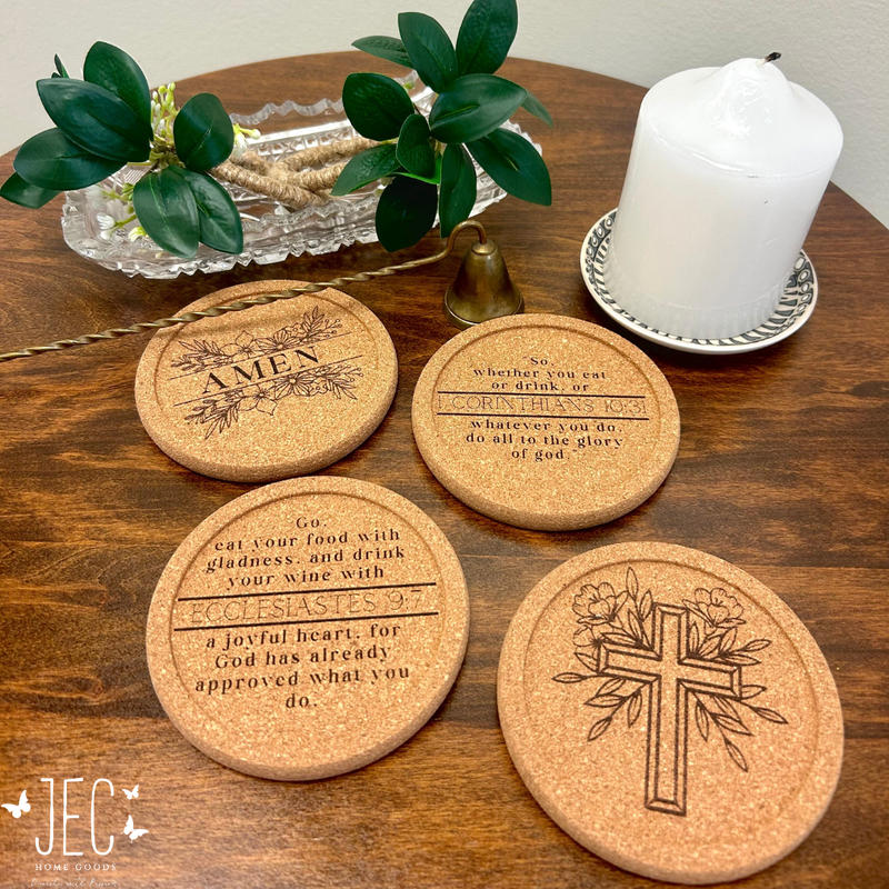 Laser Engraved Cork Coasters (Set of 4) - Religious Coaster Set