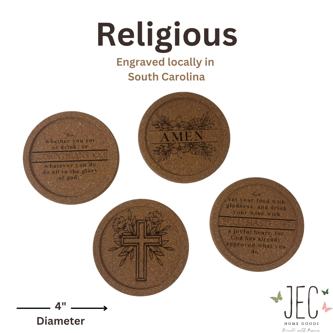 Laser Engraved Cork Coasters (Set of 4) - Religious Coaster Set