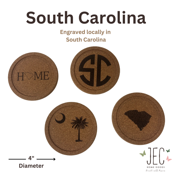 Laser Engraved Cork Coasters (Set of 4) - South Carolina Coaster Set