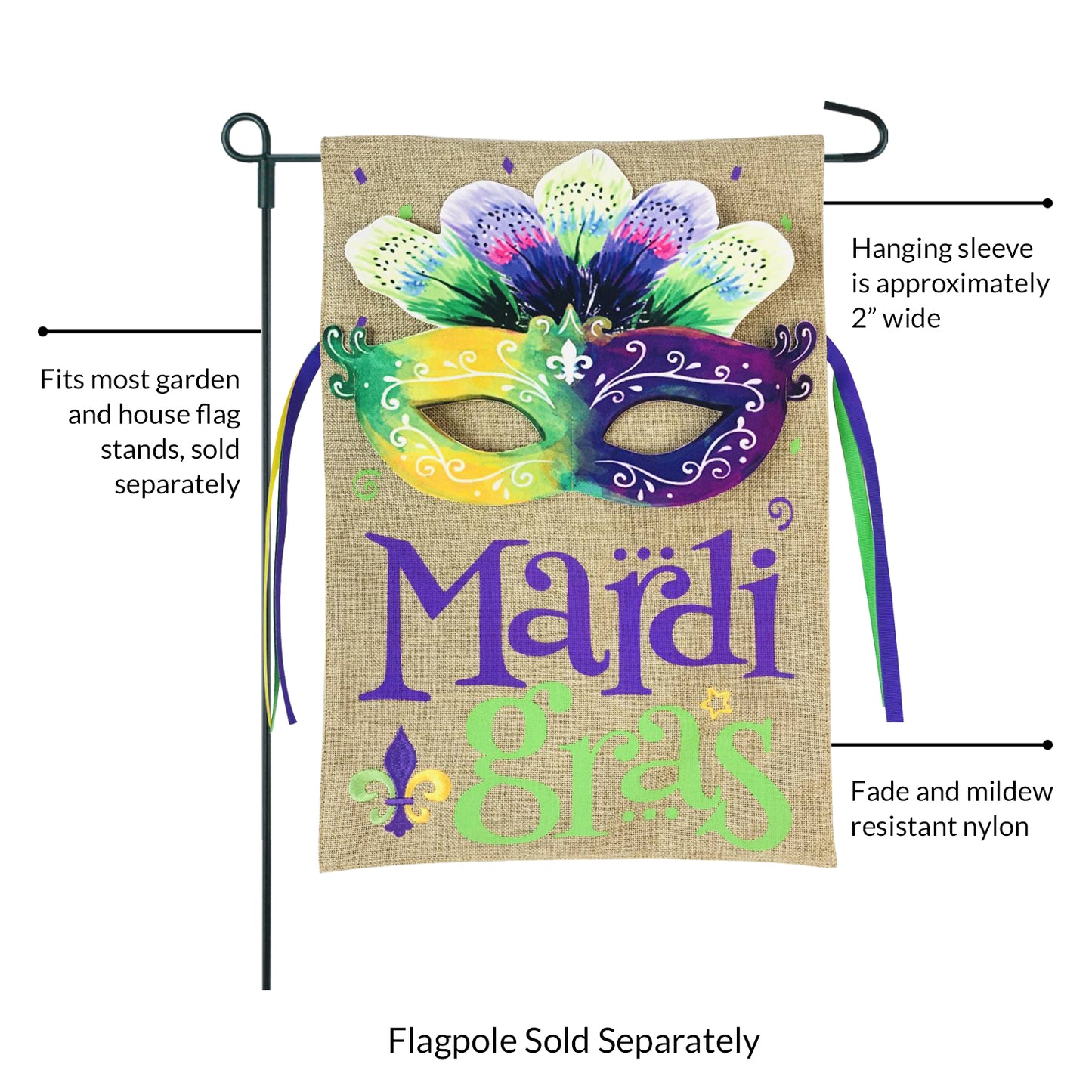 Mardi Gras Watercolor Mask Burlap 2-Sided Garden Flag 12.5x18"