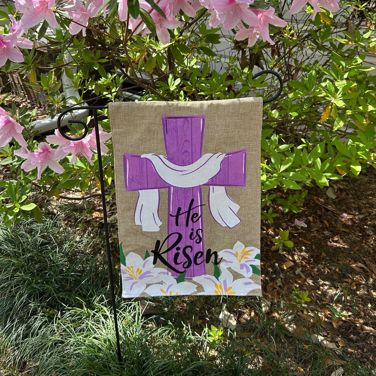 He's Risen Easter Burlap 2-Sided Garden Flag 12.5x18"