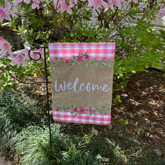 Pink Buffalo Plaid Welcome Burlap 2-Sided Garden Flag 12.5x18"