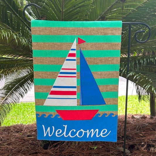 Coastal Sailboat Welcome Burlap 2-Sided Garden Flag 12.5x18"
