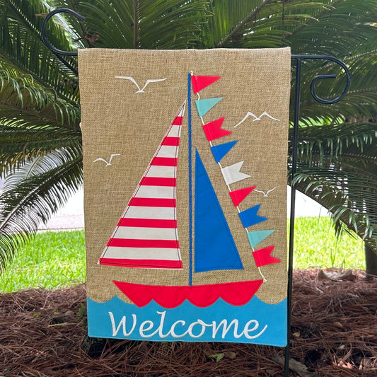 Stripe Sailboat Welcome Burlap 2-Sided Garden Flag 12.5x18"