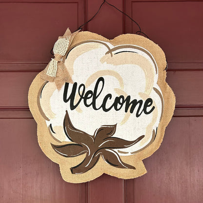 Cotton Boll Welcome Burlap Wall Décor  17.5"x16"