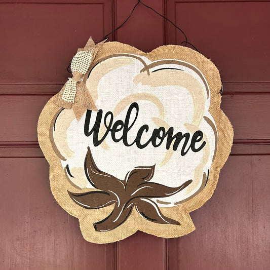 Cotton Boll Welcome Burlap Wall Décor  17.5"x16"