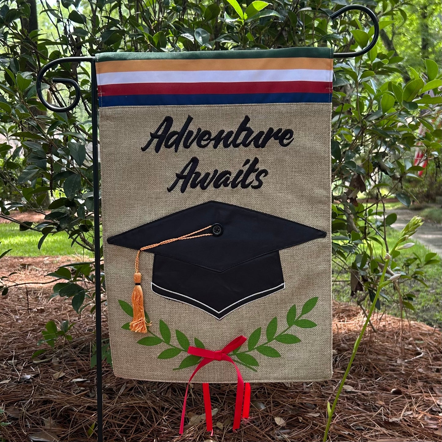 Adventure Awaits Burlap 2-Sided Garden Flag 12.5x18"
