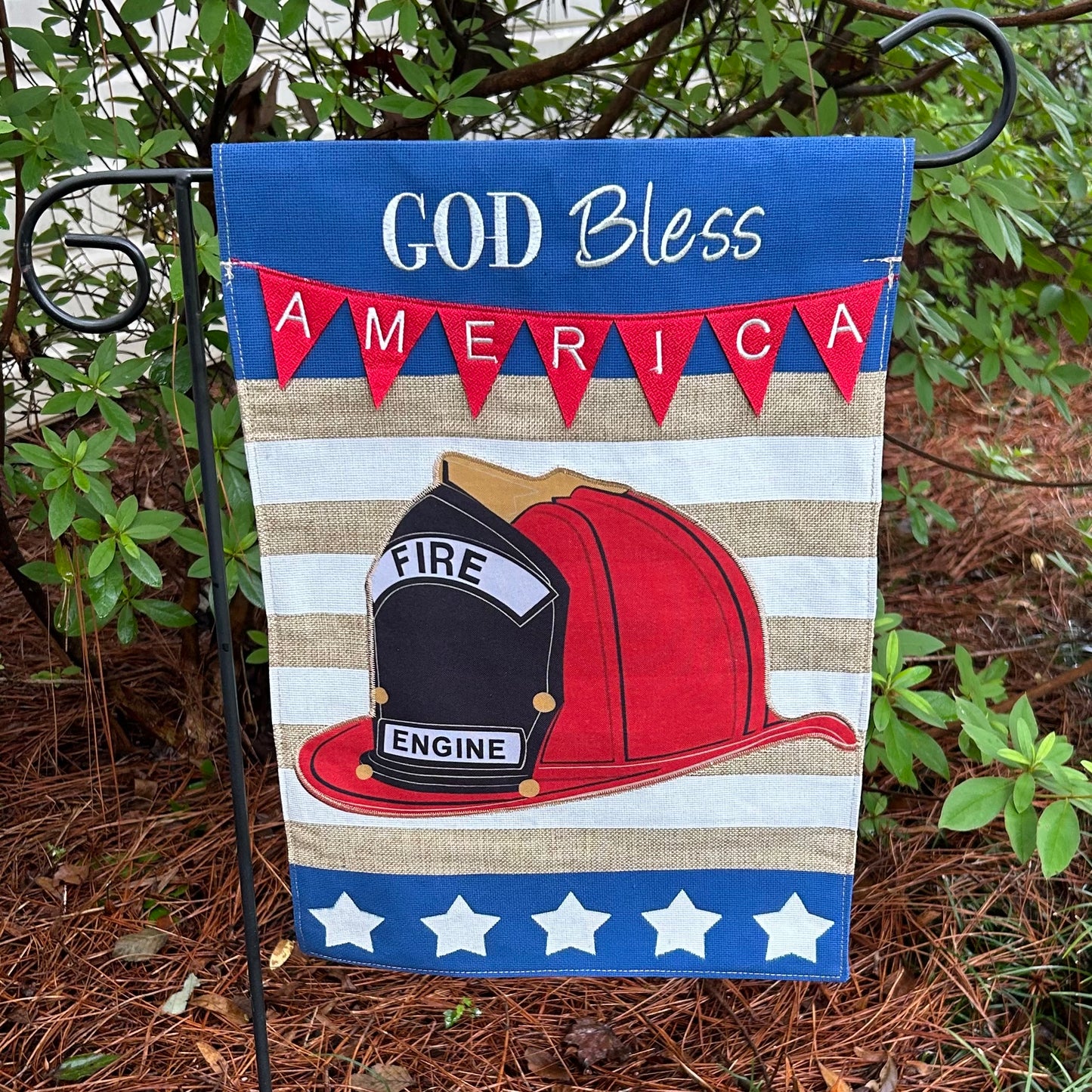 Fireman Helmet GBA Burlap 2-Sided Garden Flag 12.5x18"