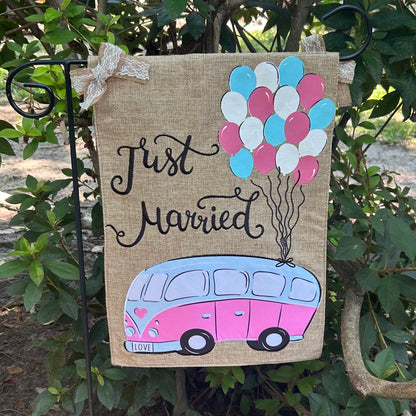 Wedding Camper Bus Burlap 2-Sided Garden Flag 12.5x18"
