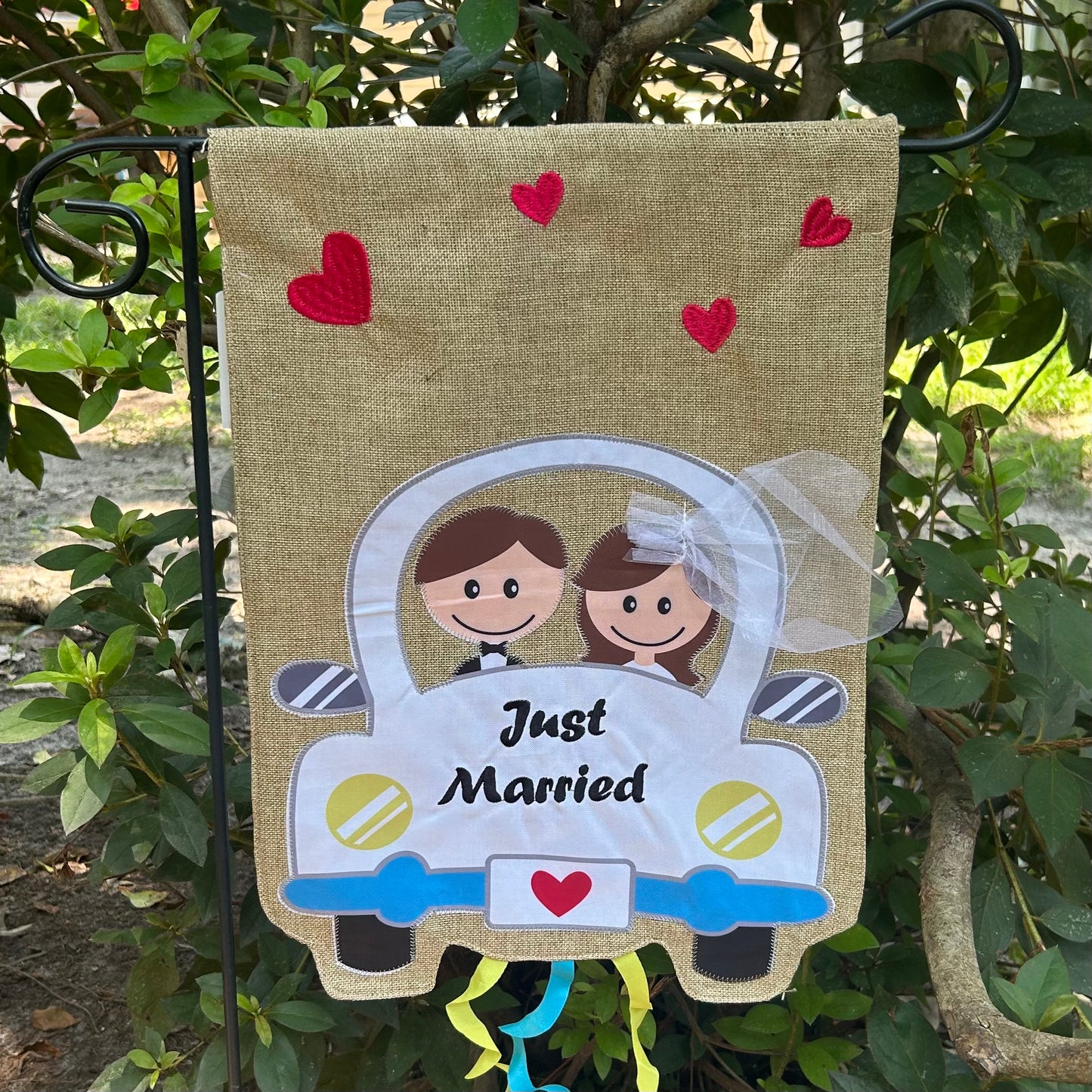 Just Married Car  Burlap 2-Sided Garden Flag 12.5x18"