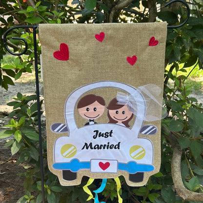 Just Married Car  Burlap 2-Sided Garden Flag 12.5x18"