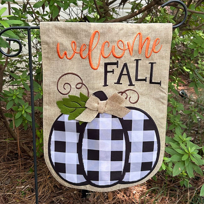 Black and White Buffalo Plaid Pumpkin Burlap 2-Sided Garden Flag 12.5x18"