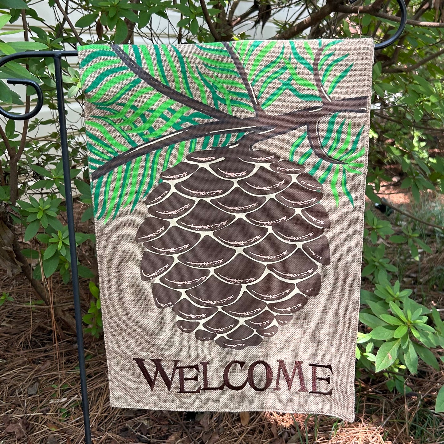 Pine Cone Welcome Burlap 2-Sided Garden Flag 12.5x18"