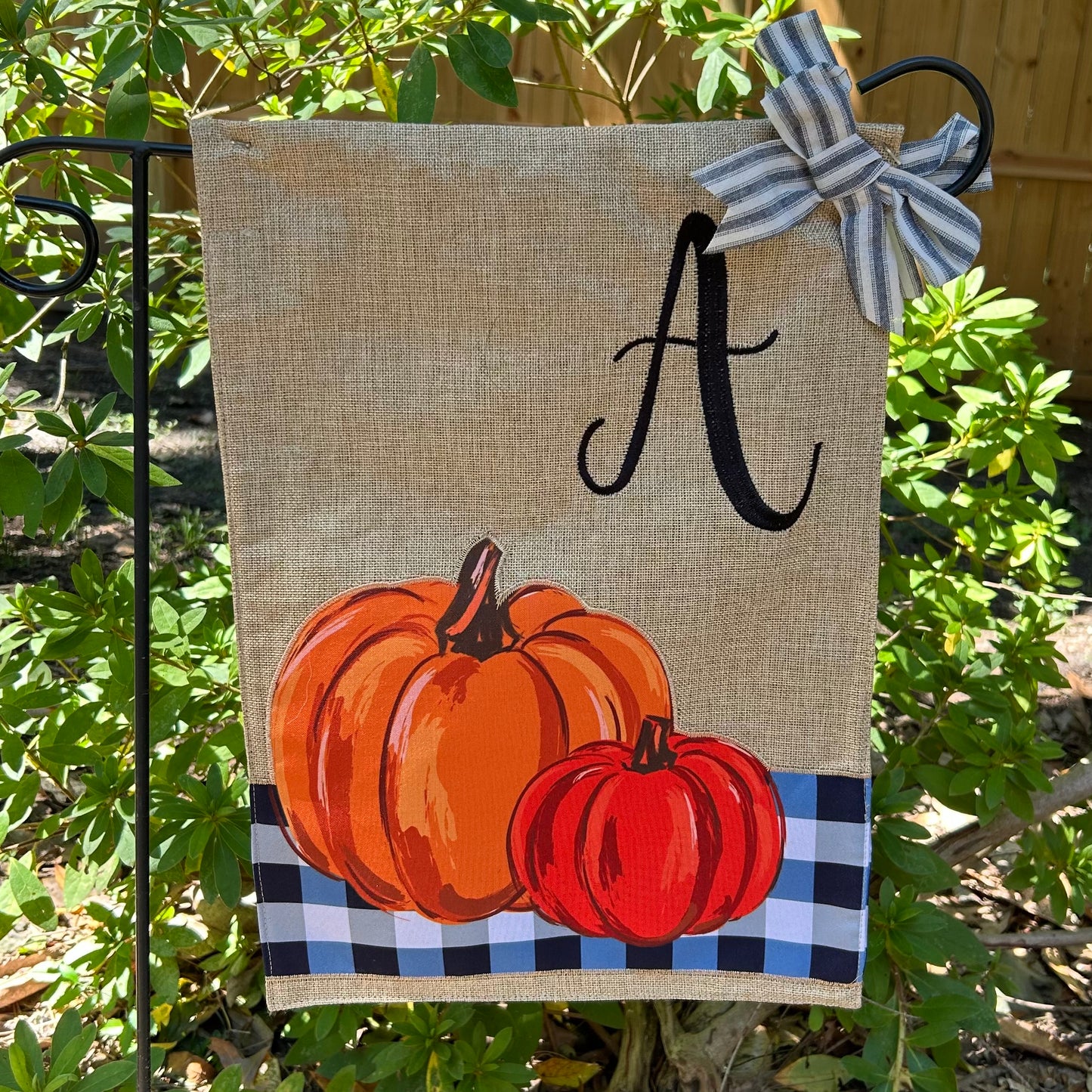 Blue Buffalo Plaid Pumpkins Monogram Burlap 2-Sided Garden Flag 12.5x18"