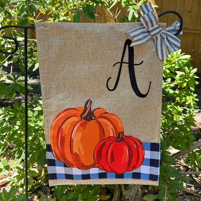 Blue Buffalo Plaid Pumpkins Monogram Burlap 2-Sided Garden Flag 12.5x18"