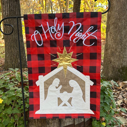 Christmas Buffalo Check Nativity Scene Burlap 2-Sided Garden Flag 12.5x18"