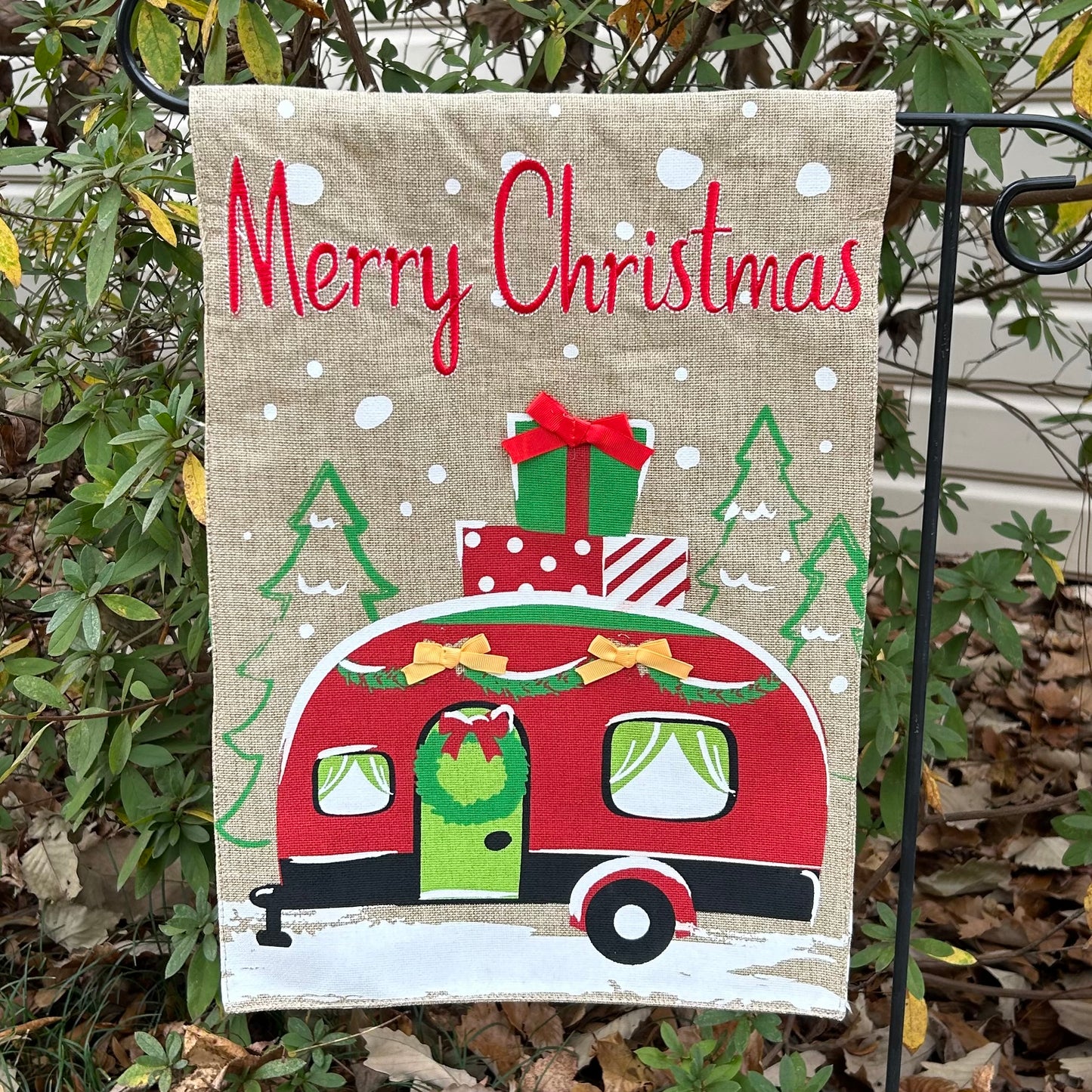 Christmas Red Camper Burlap 2-Sided Garden Flag 12.5x18"
