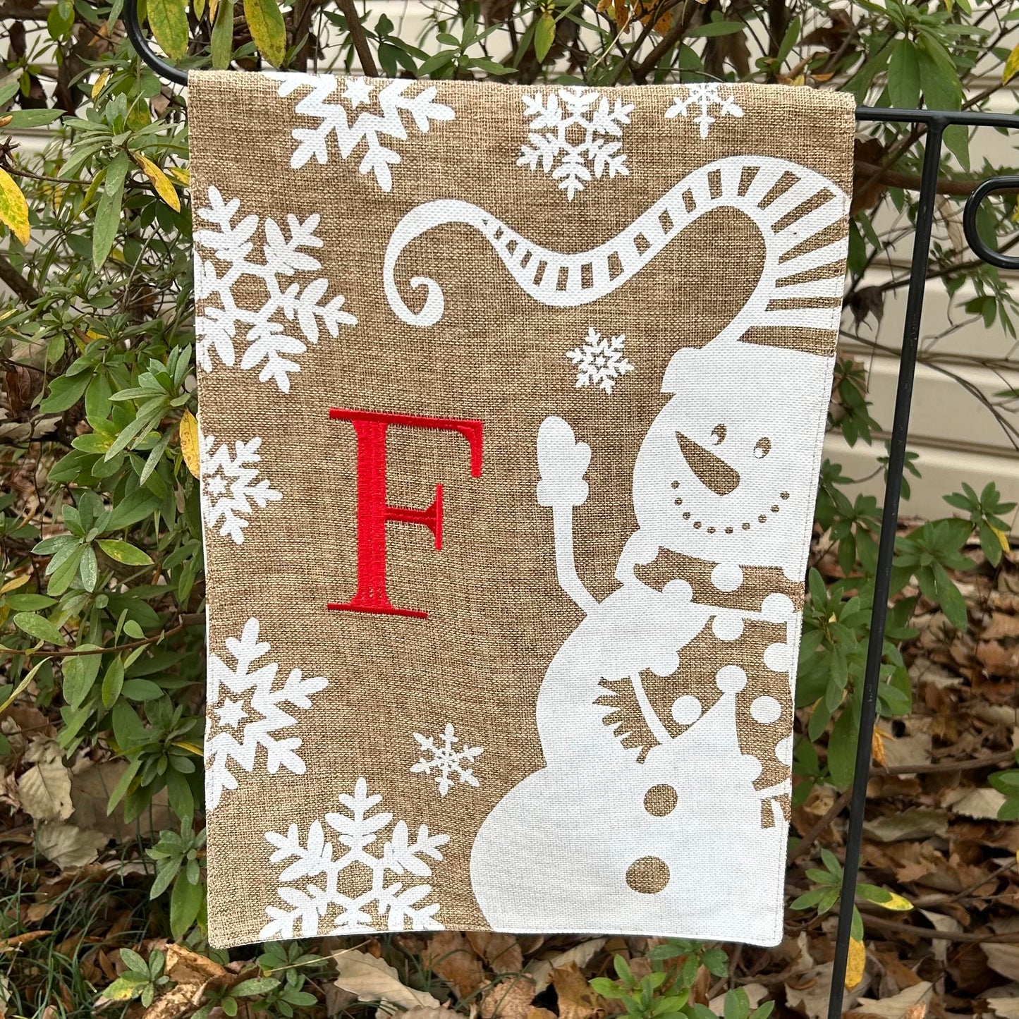 Christmas Winter Snowman Monogram Burlap 2-Sided Garden Flag 12.5x18"