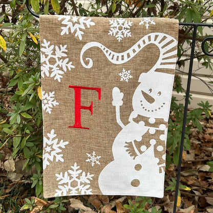 Christmas Winter Snowman Monogram Burlap 2-Sided Garden Flag 12.5x18"