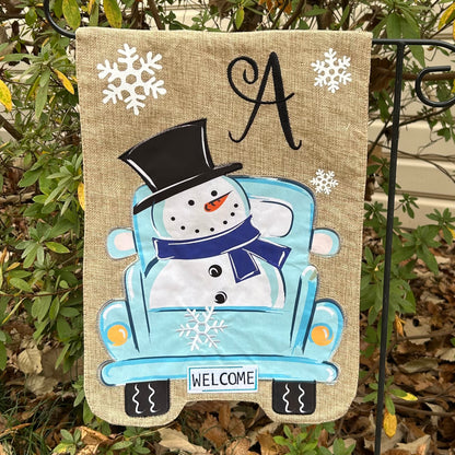 Christmas Winter Snowman Truck Monogram Burlap 2-Sided Garden Flag 12.5x18"