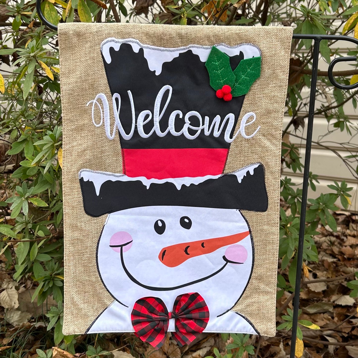 Christmas Decoration Snowman Top Hat Welcome Burlap 2-Sided Garden Flag 12.5x18"