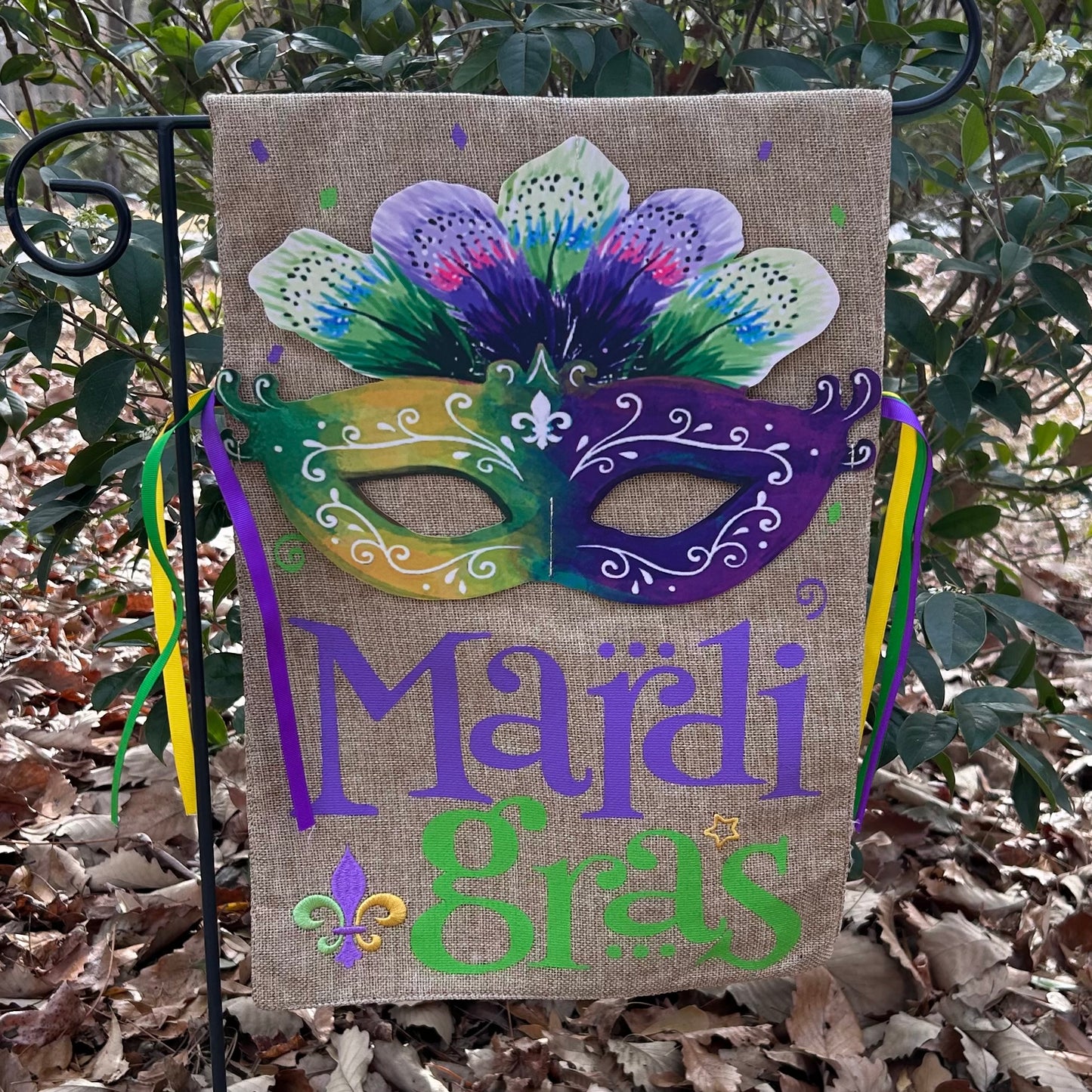 Mardi Gras Watercolor Mask Burlap 2-Sided Garden Flag 12.5x18"