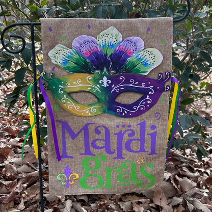 Mardi Gras Watercolor Mask Burlap 2-Sided Garden Flag 12.5x18"