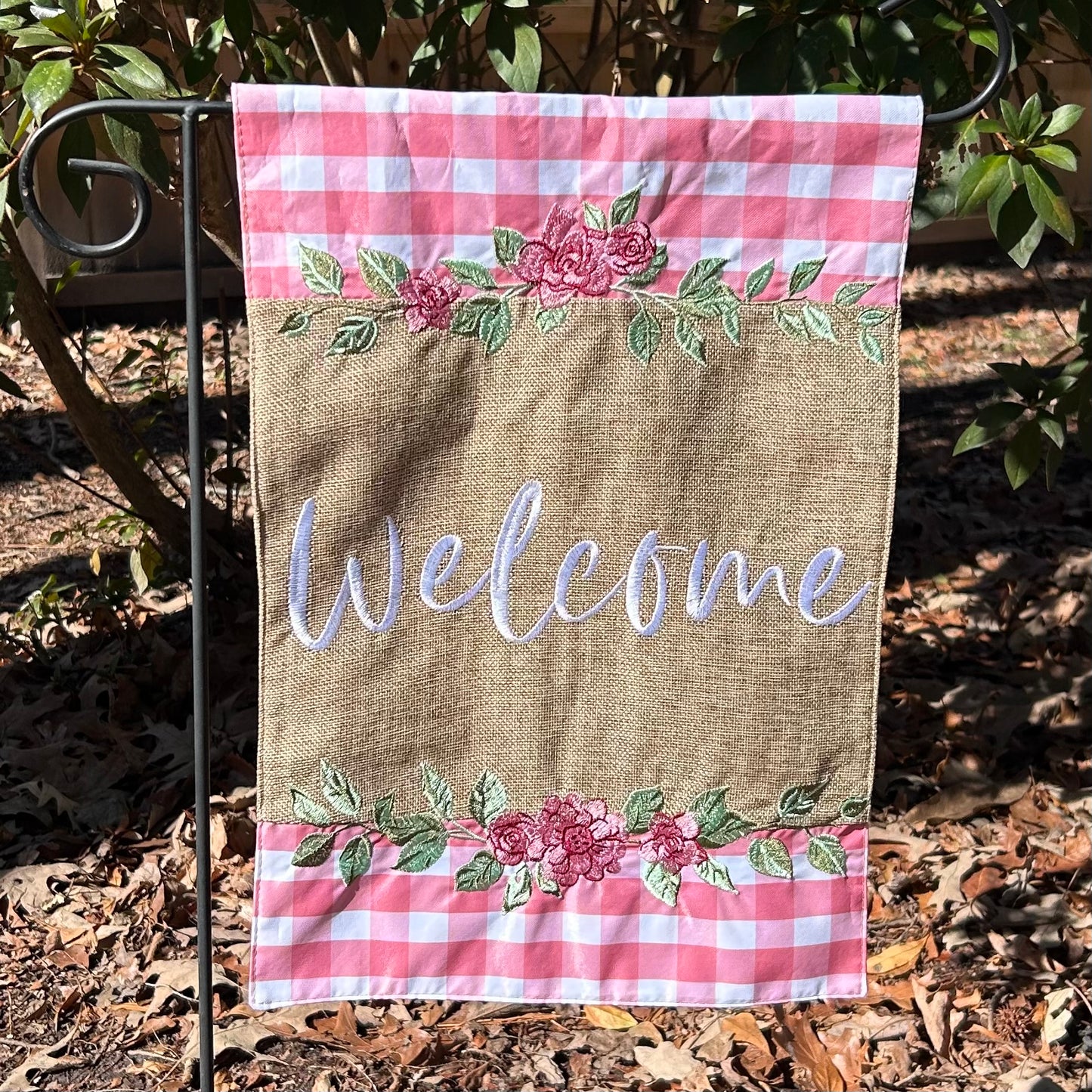 Pink Buffalo Plaid Welcome Burlap 2-Sided Garden Flag 12.5x18"