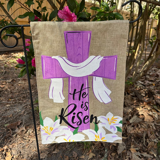 He's Risen Easter Burlap 2-Sided Garden Flag 12.5x18"