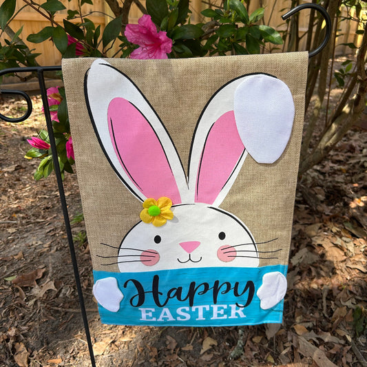 Bunny With Happy Easter Sign Burlap 2-Sided Garden Flag 12.5x18"