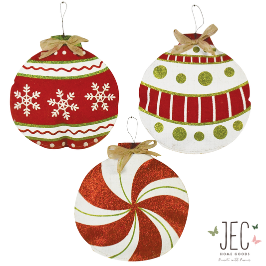 Christmas Ornament Burlap Puffy Wall Hanging Rustic Porch Door Décor 12"x12" (Set of 3)