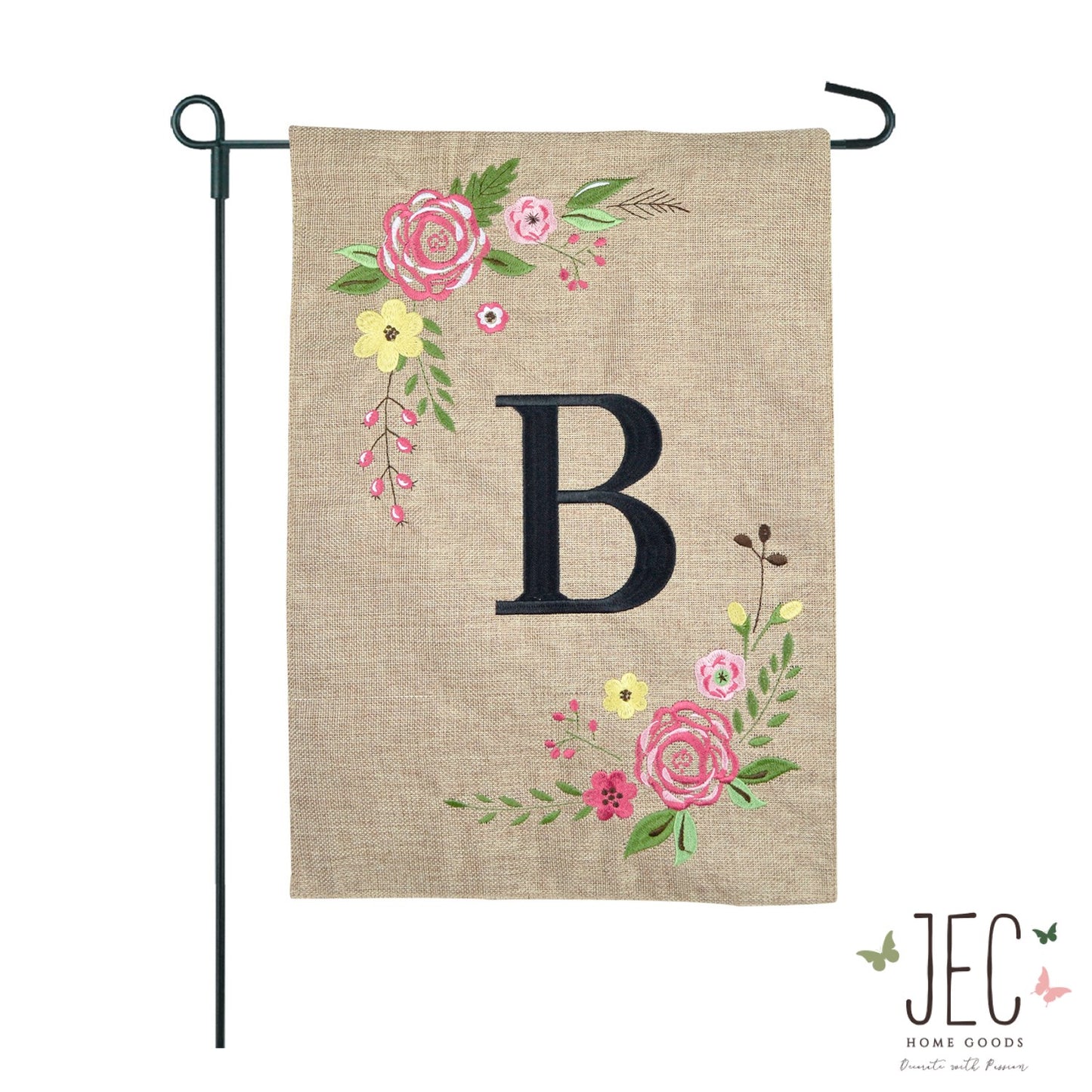 Rose Monogram Burlap 2-Sided Garden Flag 12.5x18"