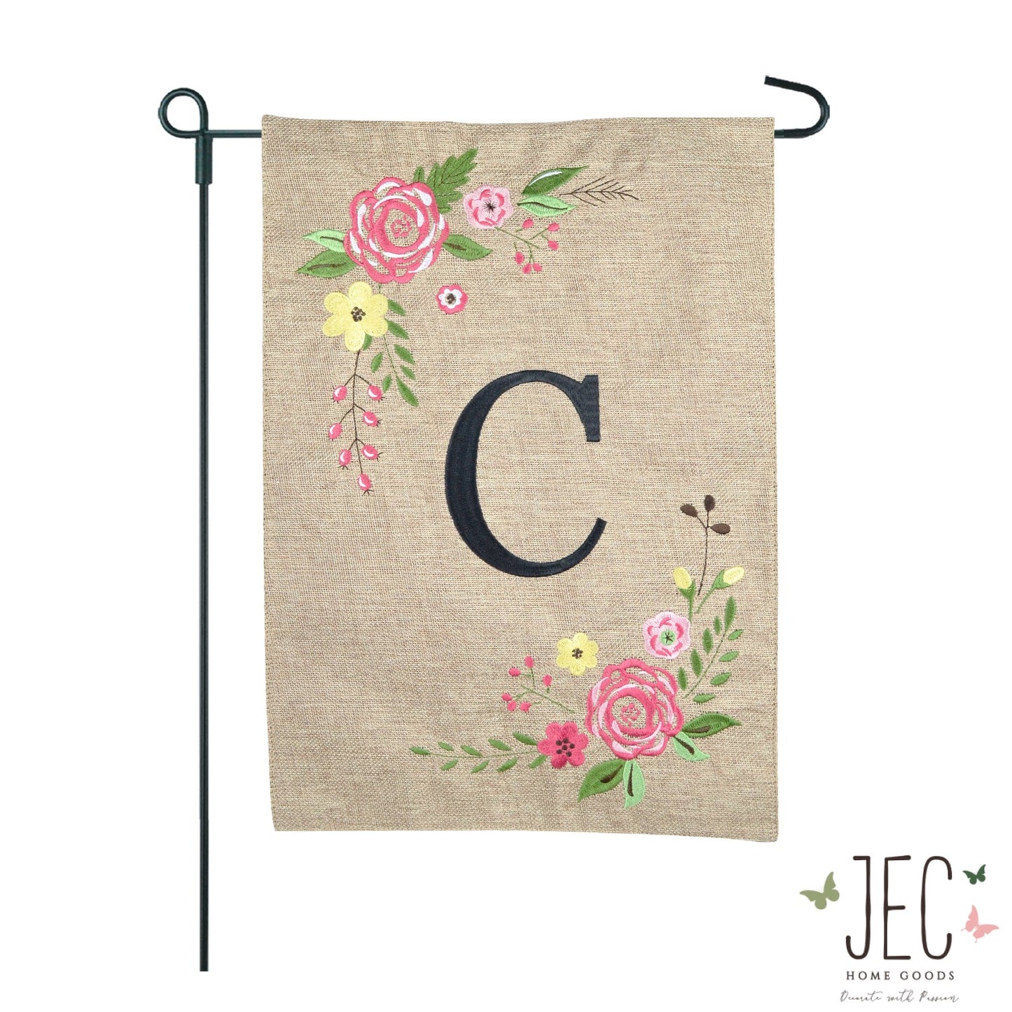 Rose Monogram Burlap 2-Sided Garden Flag 12.5x18"