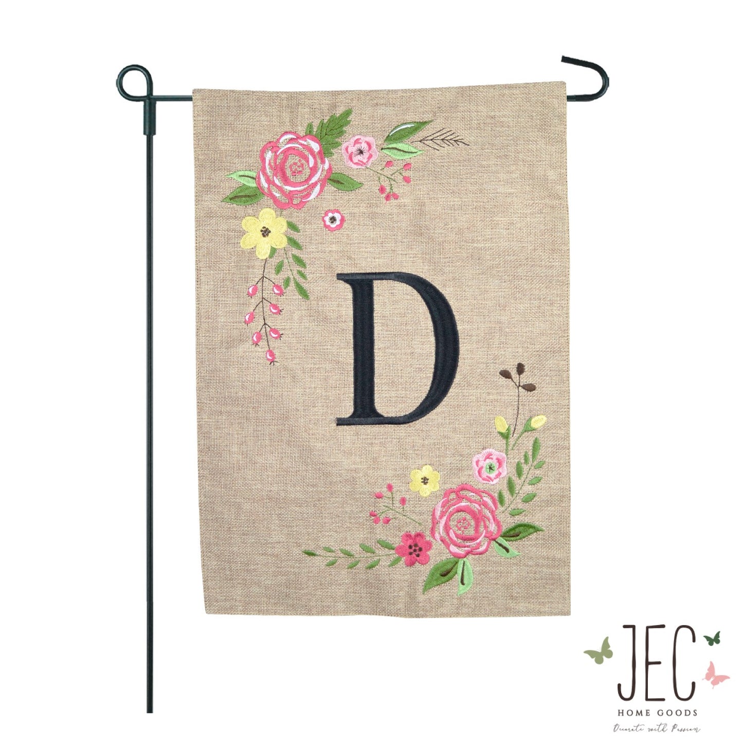 Rose Monogram Burlap 2-Sided Garden Flag 12.5x18"