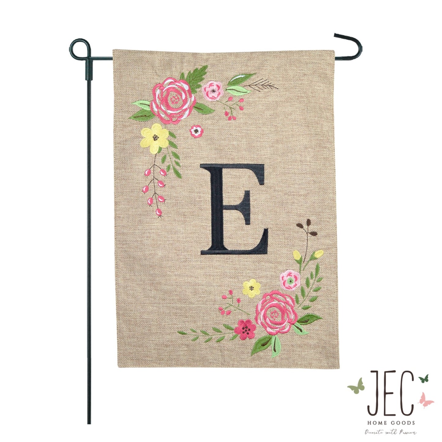 Rose Monogram Burlap 2-Sided Garden Flag 12.5x18"