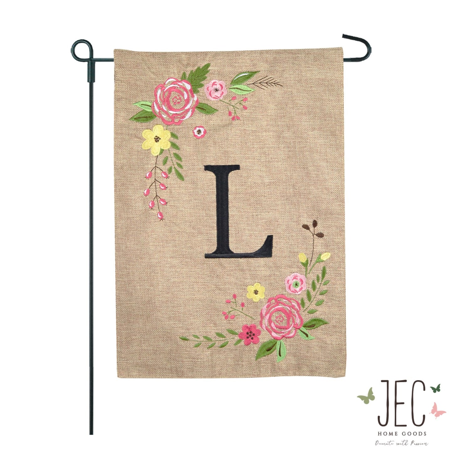 Rose Monogram Burlap 2-Sided Garden Flag 12.5x18"