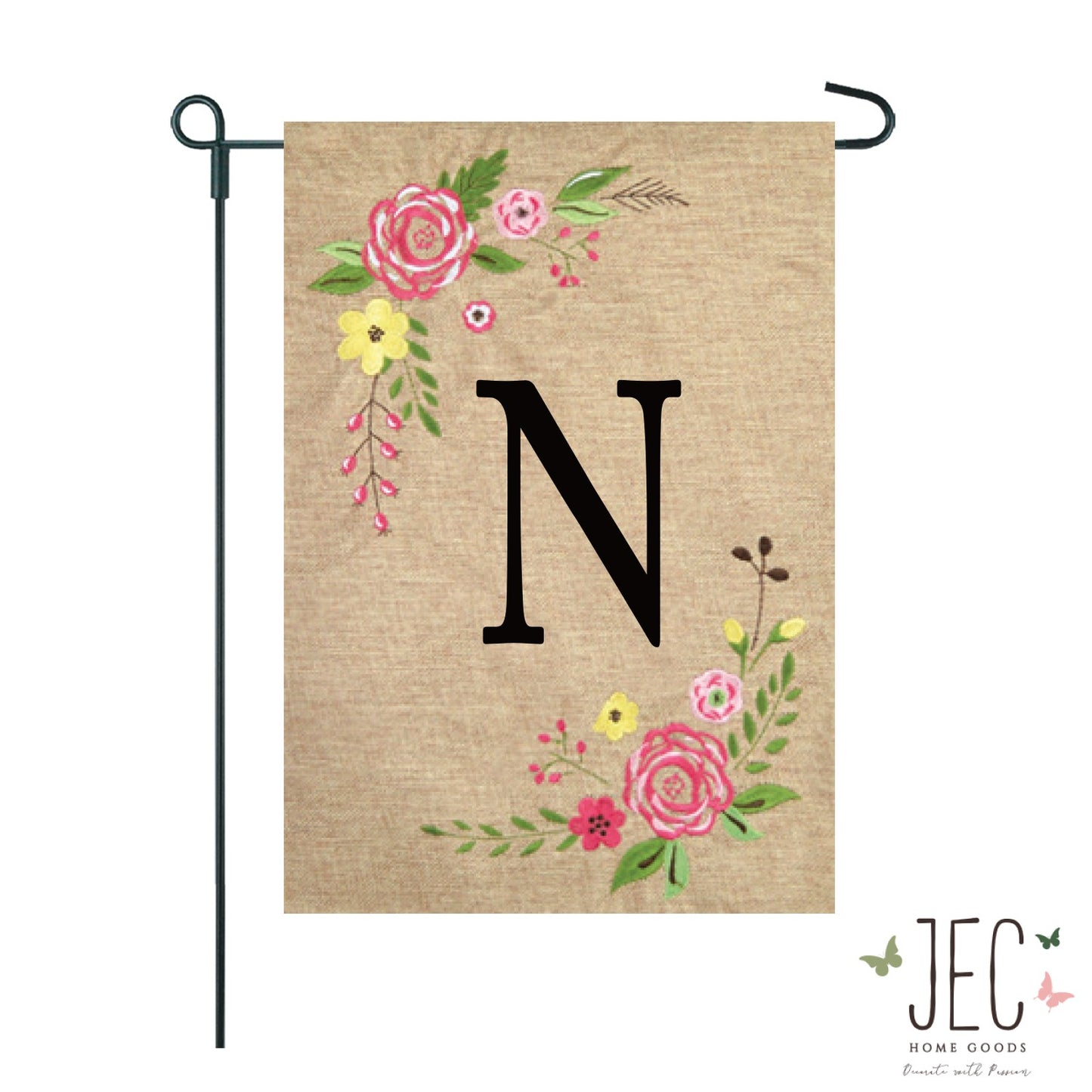 Rose Monogram Burlap 2-Sided Garden Flag 12.5x18"