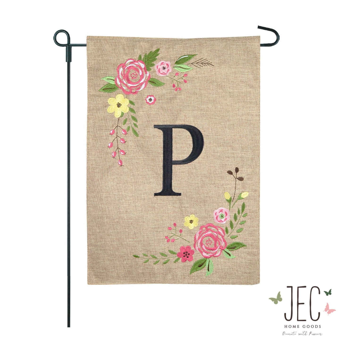 Rose Monogram Burlap 2-Sided Garden Flag 12.5x18"