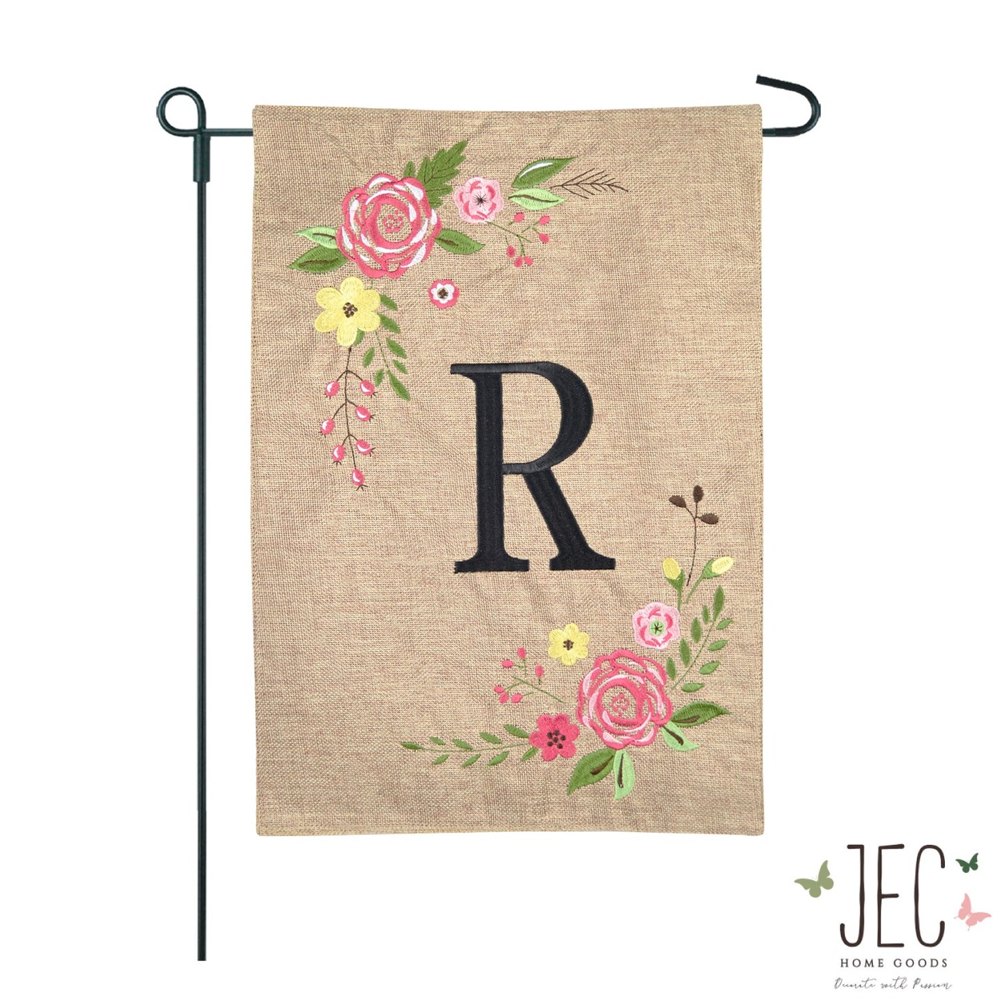 Rose Monogram Burlap 2-Sided Garden Flag 12.5x18"