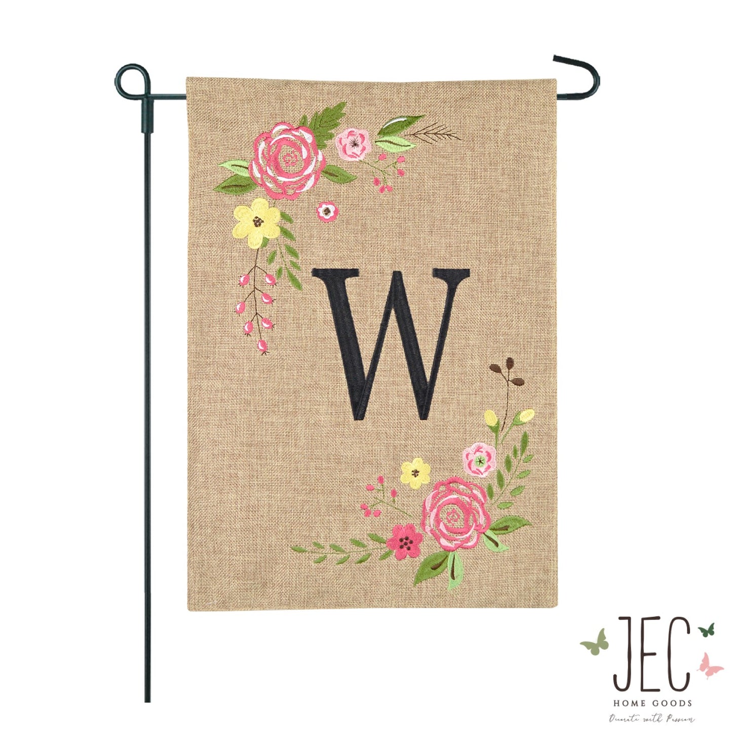 Rose Monogram Burlap 2-Sided Garden Flag 12.5x18"