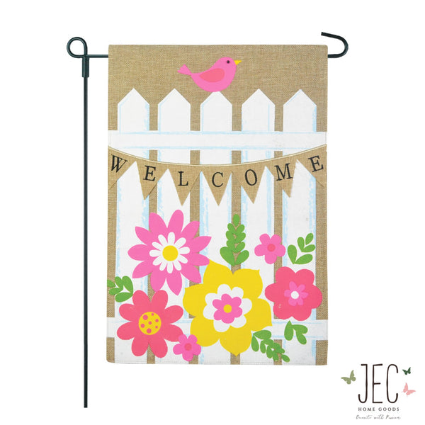 Welcome Picket Fence 2-Sided Burlap Garden Flag 12.5x18"