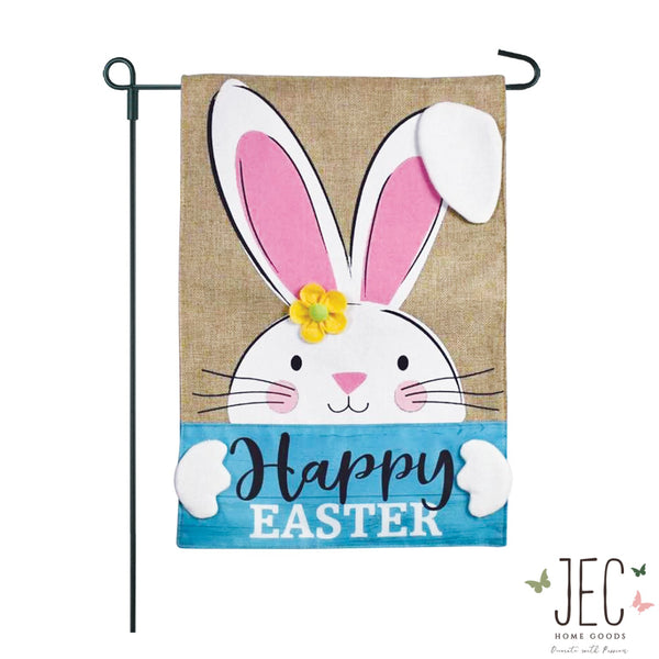 Bunny With Happy Easter Sign Burlap 2-Sided Garden Flag 12.5x18"