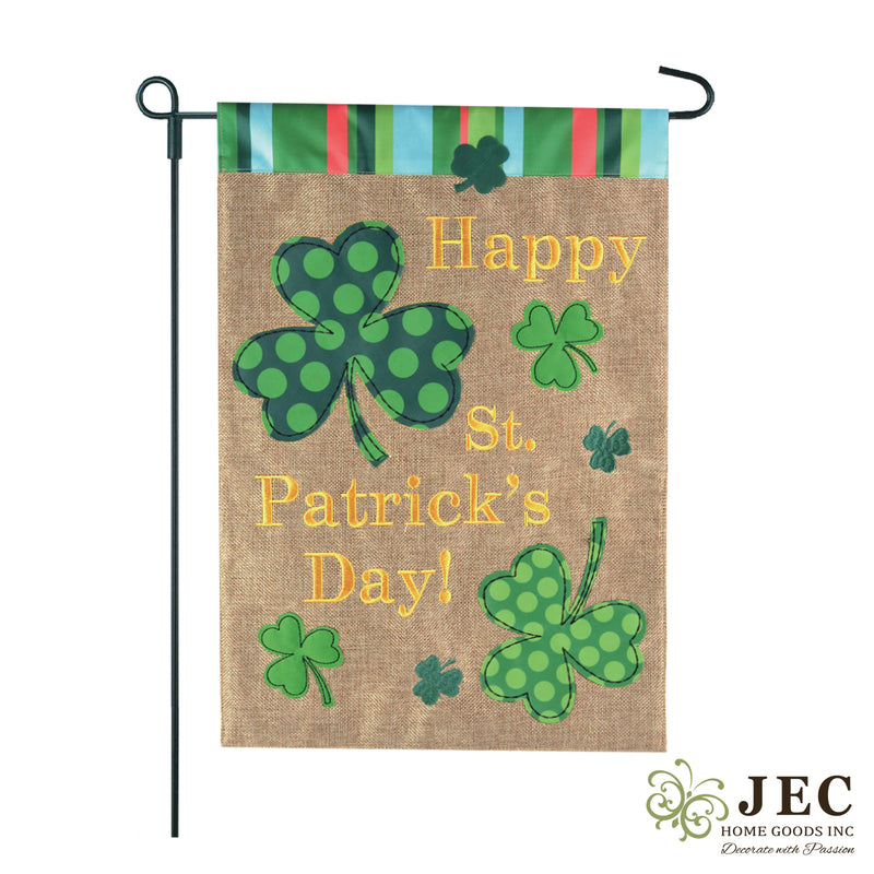 St. Patrick's Day Polka Dots Clover Burlap 2-Sided Garden Flag 12.5x18"