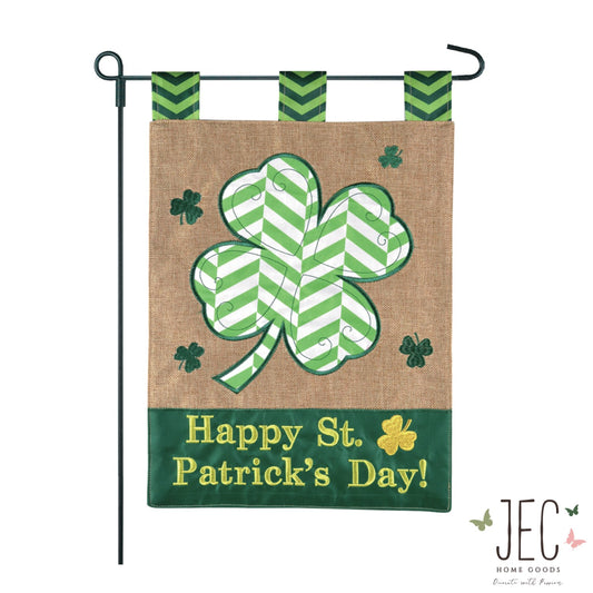 Happy Shamrock Chevron Burlap 2-Sided Garden Flag 12.5x18"