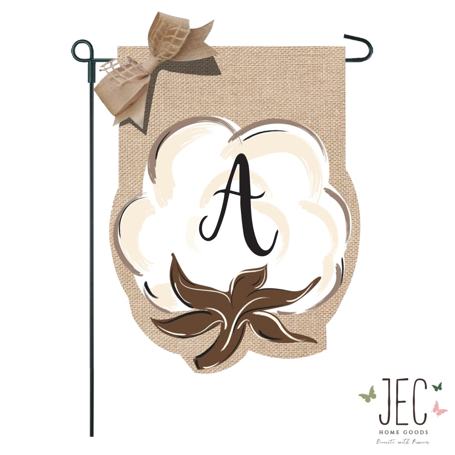 Cotton Boll Monogram Burlap 2-Sided Garden Flag 12.5x18"