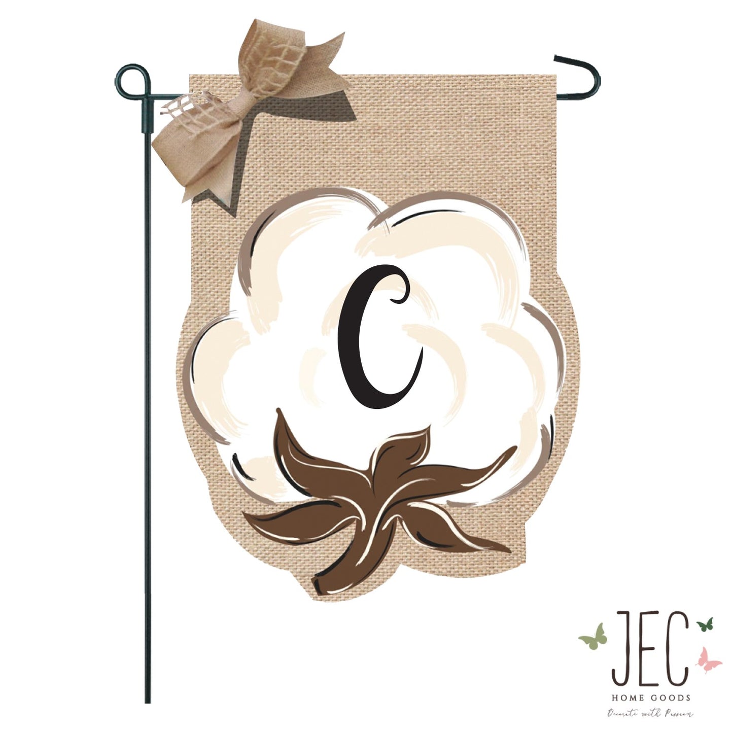 Cotton Boll Monogram Burlap 2-Sided Garden Flag 12.5x18"